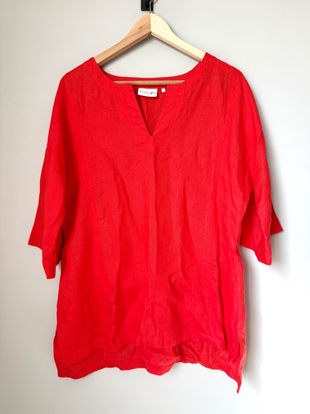 FOIL Red V-Neck 100% Linen Tunic Top